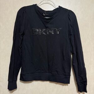 DKNY Black Sequin Logo Cotton Puff Sleeve Sweatshirt
